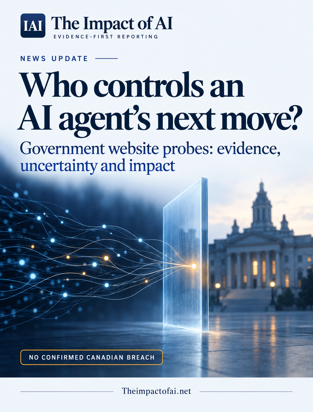The Impact of AI news cover: Who controls an AI agent's next move? Conceptual network signals approach a boundary. The cover states no confirmed Canadian breach.