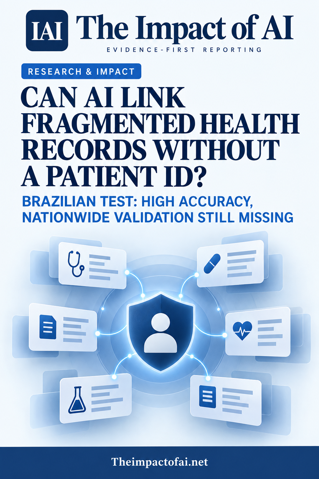 The Impact of AI research cover asking whether AI can link fragmented health records without a patient ID, with conceptual document fragments joining around a protected person marker.